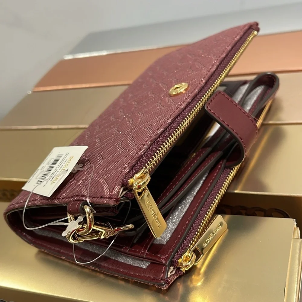 Michael Kors Jet Set Travel Large Double-Zip Wristlet-Wallet-PhoneHolder Oxblood